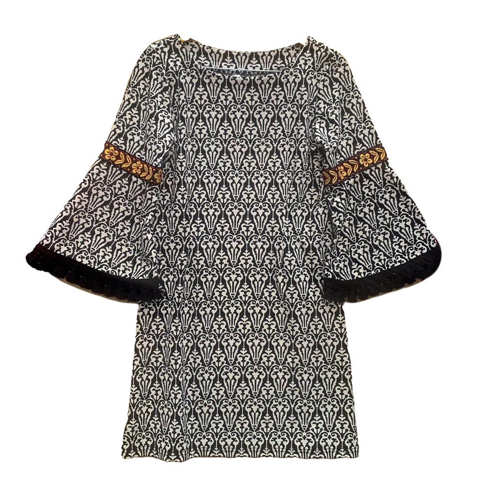 Uncle Frank Dress Women's Medium Flare Bell Embroidered Fringe Sleeve Geometric